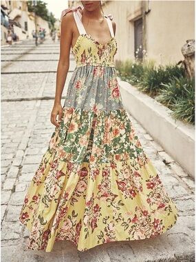 Floral Patchwork Dress with tie shoulders